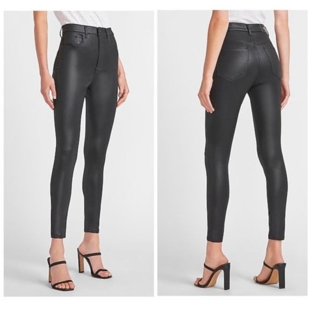 Express Super High Waisted Rise Black Coated Metallic Ankle Skinny Jeans Sz 4